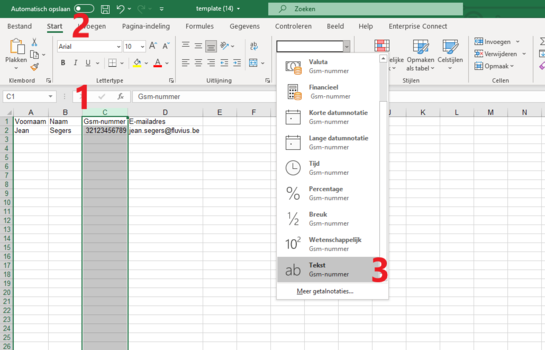 Formaat van de Excel-kolom voor gsm-nummer om naar Tekst formaat