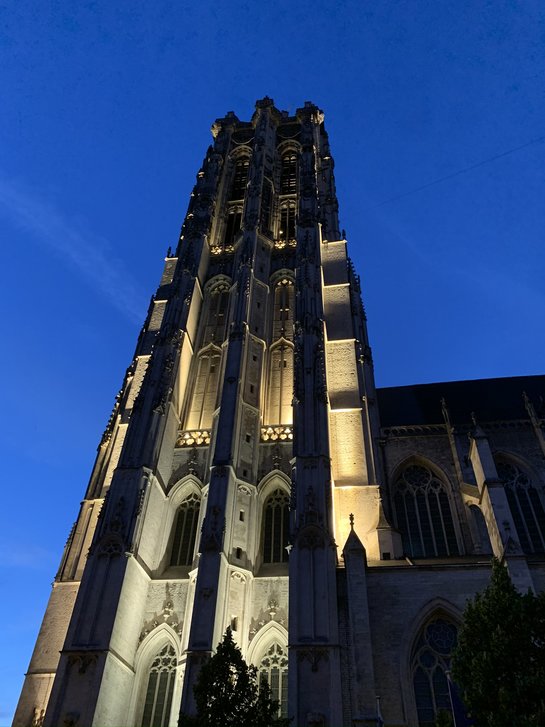 Verlichte Sint-Romboutskathedraal in Mechelen