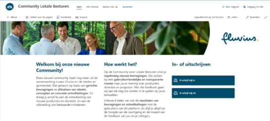 Screenshot van het Portaal voor Lokale Besturen met informatie over de Community en de mogelijkheden om je in of uit te schrijven.