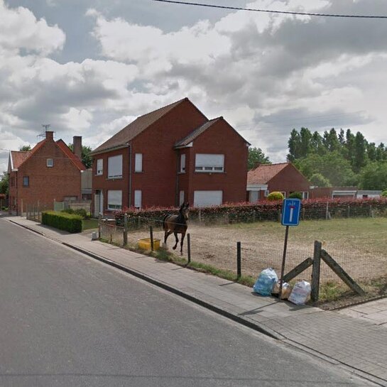 Kervijnstraat Harelbeke – straatbeeld vóór de heraanleg Straatbeeld van de Kervijnstraat in Harelbeke vóór de heraanleg, met brede asfaltstrook en beperkte groenzones.