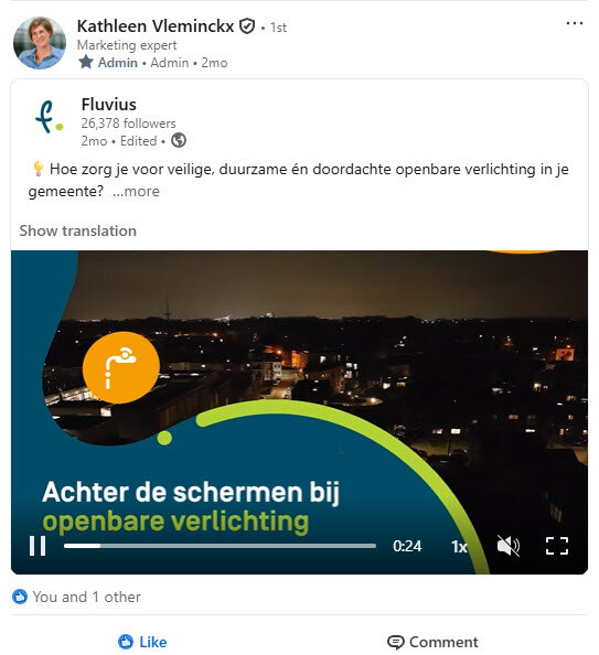 Achter de schermen bij openbare verlichting gedeeld in community LinkedIn-video in besloten Fluvius-community over openbare verlichting en inzichten voor lokale besturen.