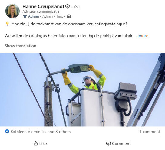 Feedback over OV-catalogus in Community Lokale Besturen LinkedIn-post in besloten Fluvius-community over toekomst van openbare verlichtingscatalogus.