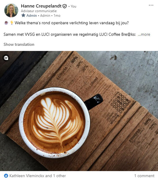 Bevraging rond thema’s openbare verlichting in community LinkedIn-post met vraag naar relevante thema’s rond openbare verlichting binnen Fluvius-community.