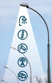Fluvius +Punt biedt een scala aan toepassingen die onze samenleving leefbaar en veilig maken Fluvius +Punt biedt verlichting, info, camera's, wifi en nummerplaatherkenning toe aan de verticale infrastructuur zoals bijvoorbeeld lampen